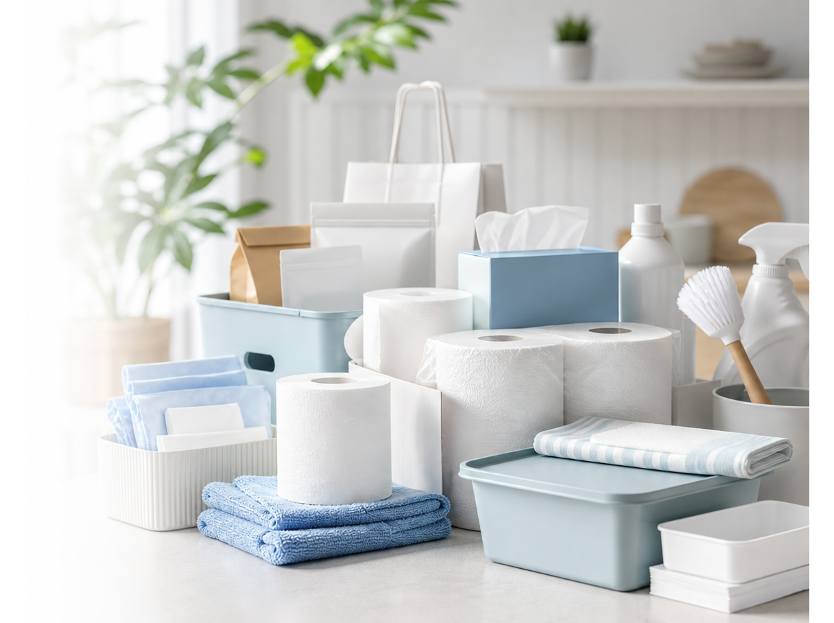 Everyday household and small business essentials in a bright retail hero scene